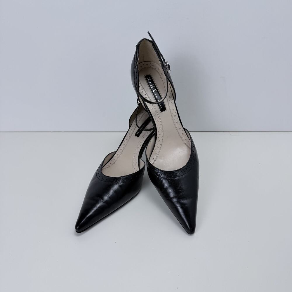 Nine & Co Leather Shoes Black Pumps Size 8.5M Pointed Toe Heels Ankle Straps